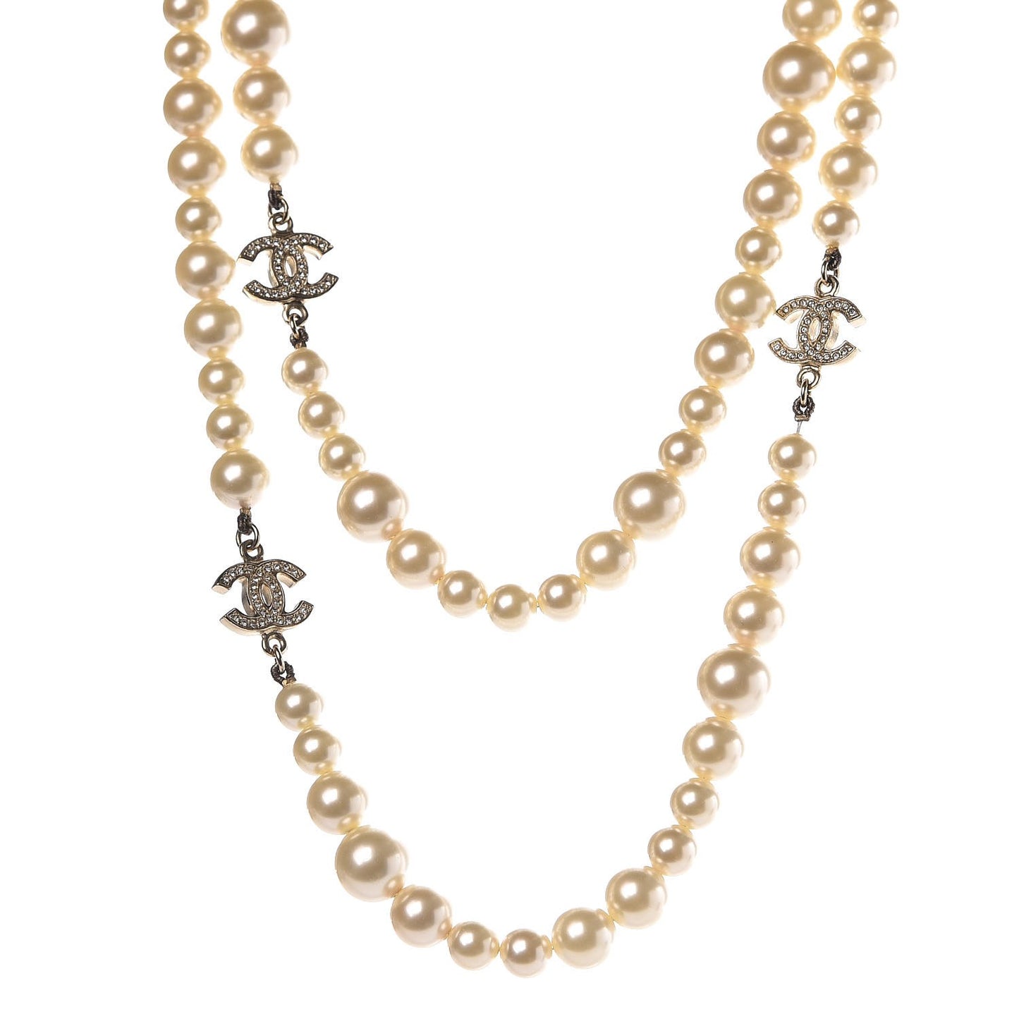 Graduated Pearl Crystal CC Long Necklace Light Gold