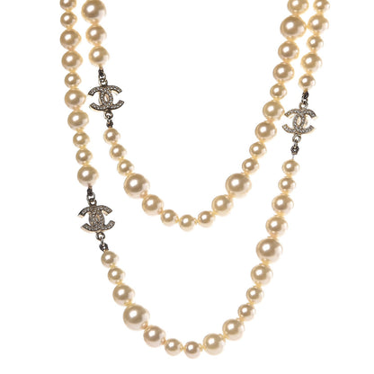 Chanel Graduated Pearl Crystal CC Long Necklace Light Gold 1 of 5