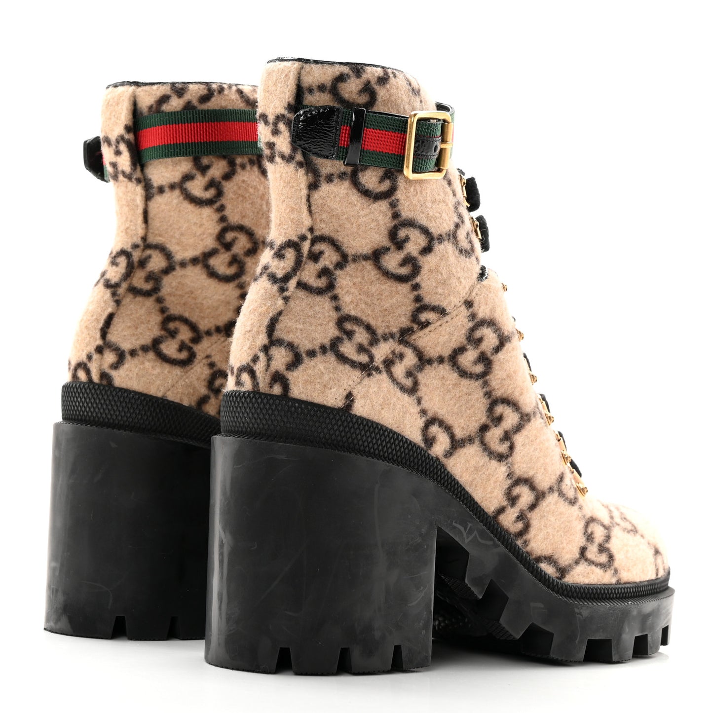 Covered Wool GG Monogram Womens Lace Up Combat Ankle Boots 38 Beige Ebony Black