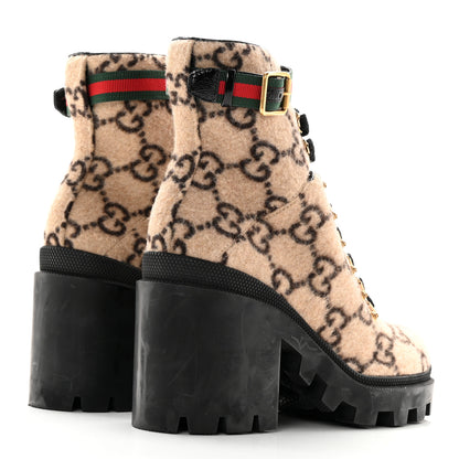 Gucci Covered Wool GG Monogram Womens Lace Up Combat Ankle Boots 38 Beige Ebony Black 4 of 21