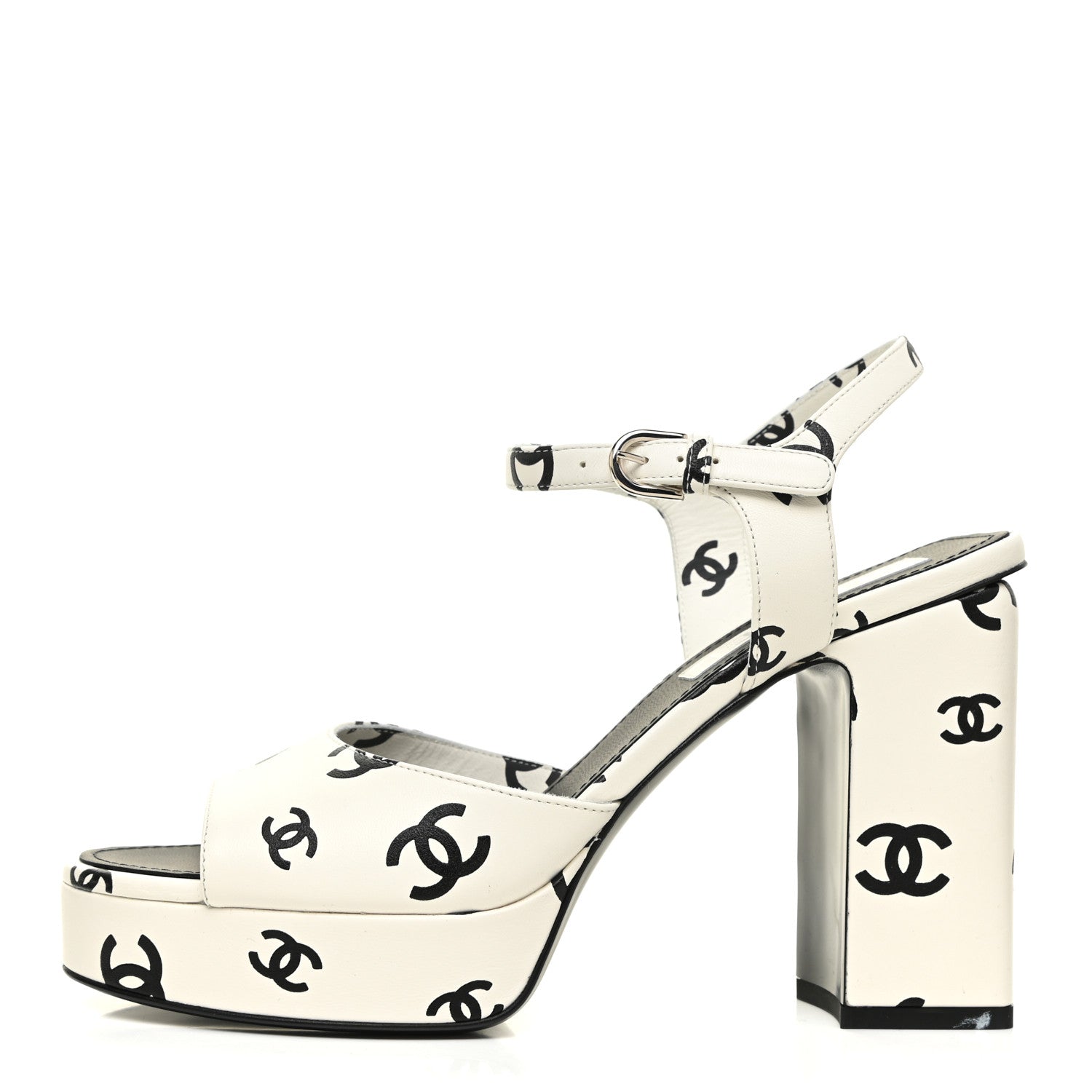 Chanel Printed Lambskin Coco Beach Platform Sandals 39 White Black 1 of 9