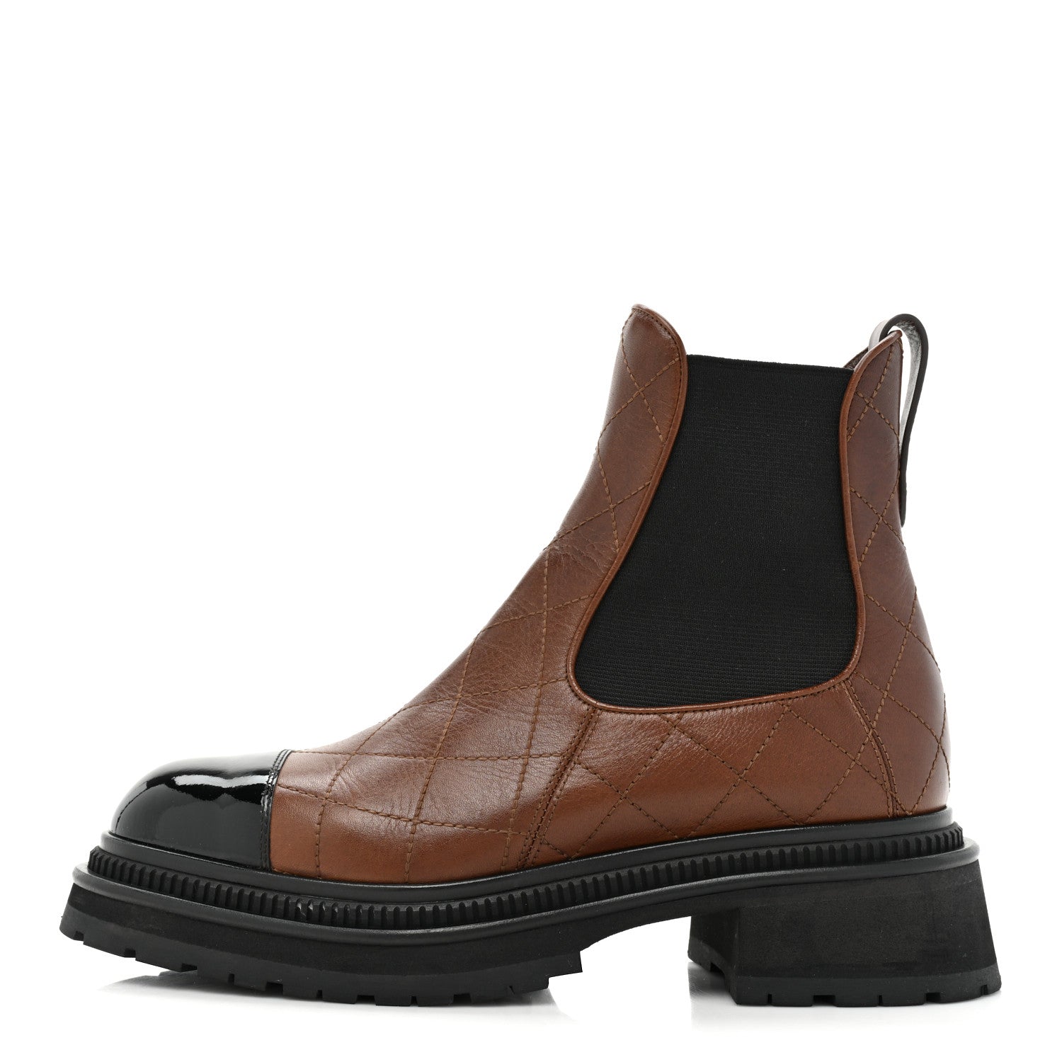 Chanel Calfskin Patent Cap Toe Quilted Short Boots 39.5 Brown Black 1 of 13