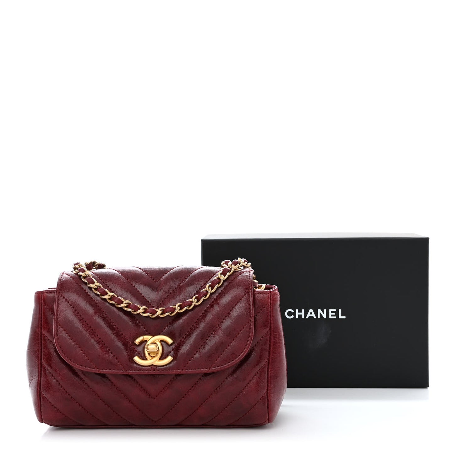 Glazed Calfskin Chevron Quilted Small Hampton Flap Burgundy