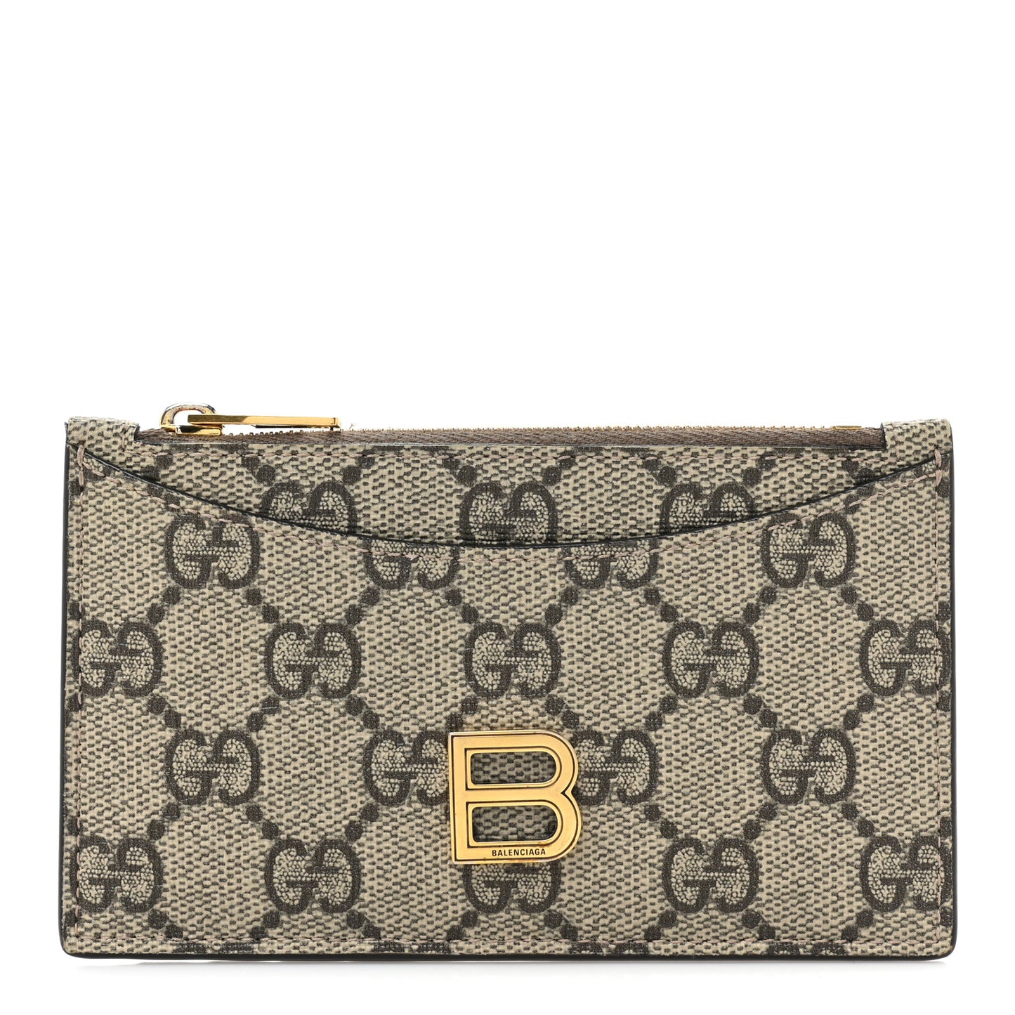 X BALENCIAGA GG Supreme Monogram Zip Card Case Beige Ebony