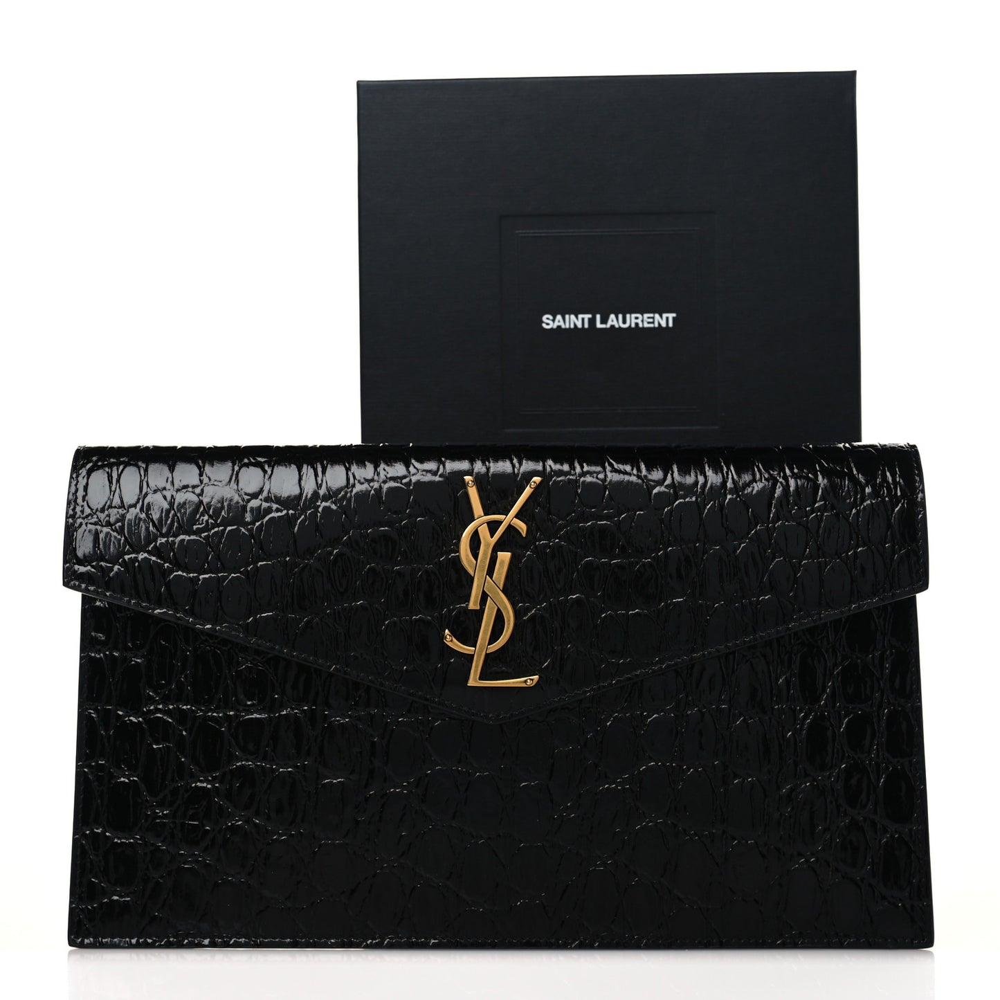 Calfskin Crocodile Embossed Uptown Monogram Clutch Black