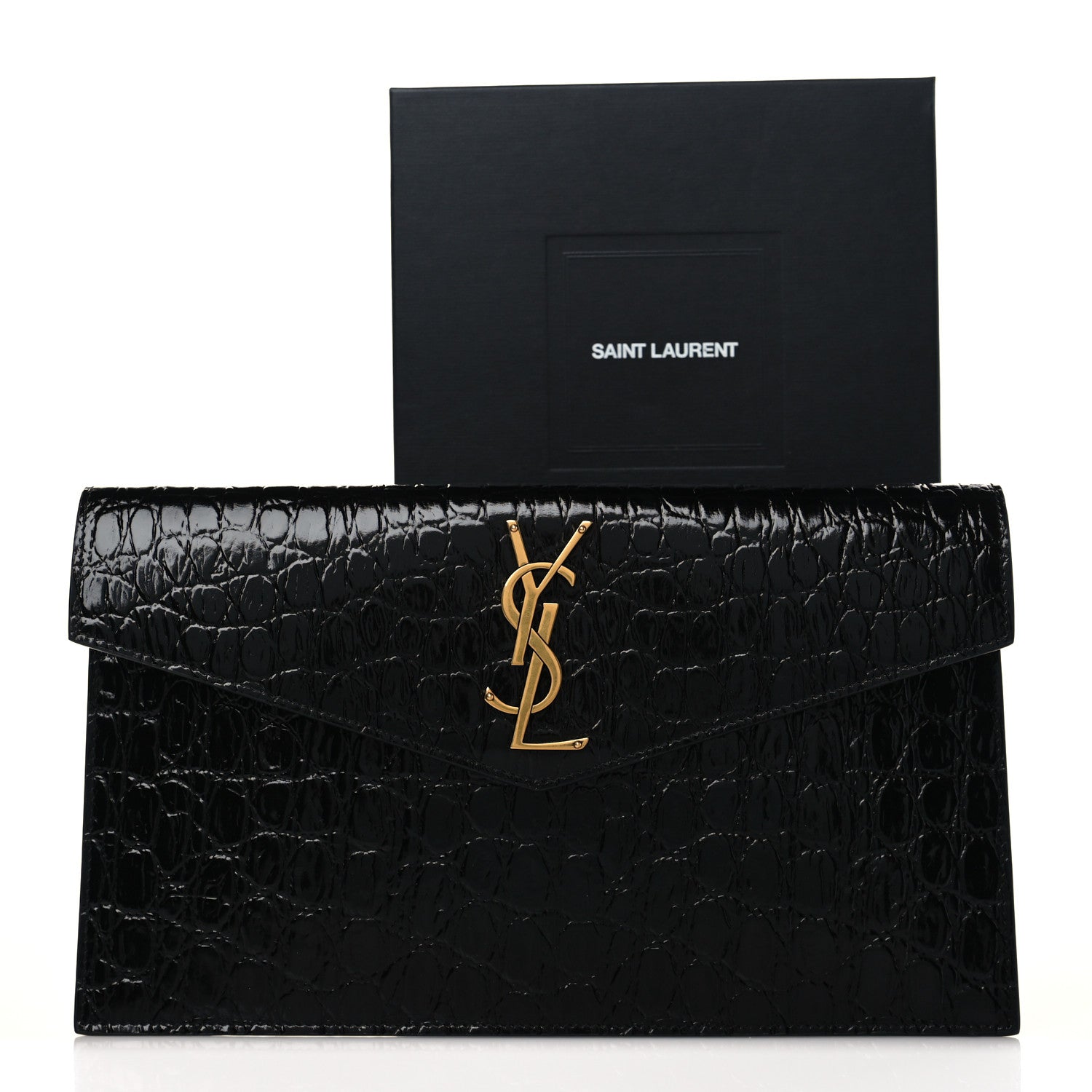 Saint Laurent Calfskin Crocodile Embossed Uptown Monogram Clutch Black 8 of 8