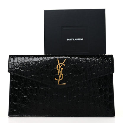 Saint Laurent Calfskin Crocodile Embossed Uptown Monogram Clutch Black 8 of 8