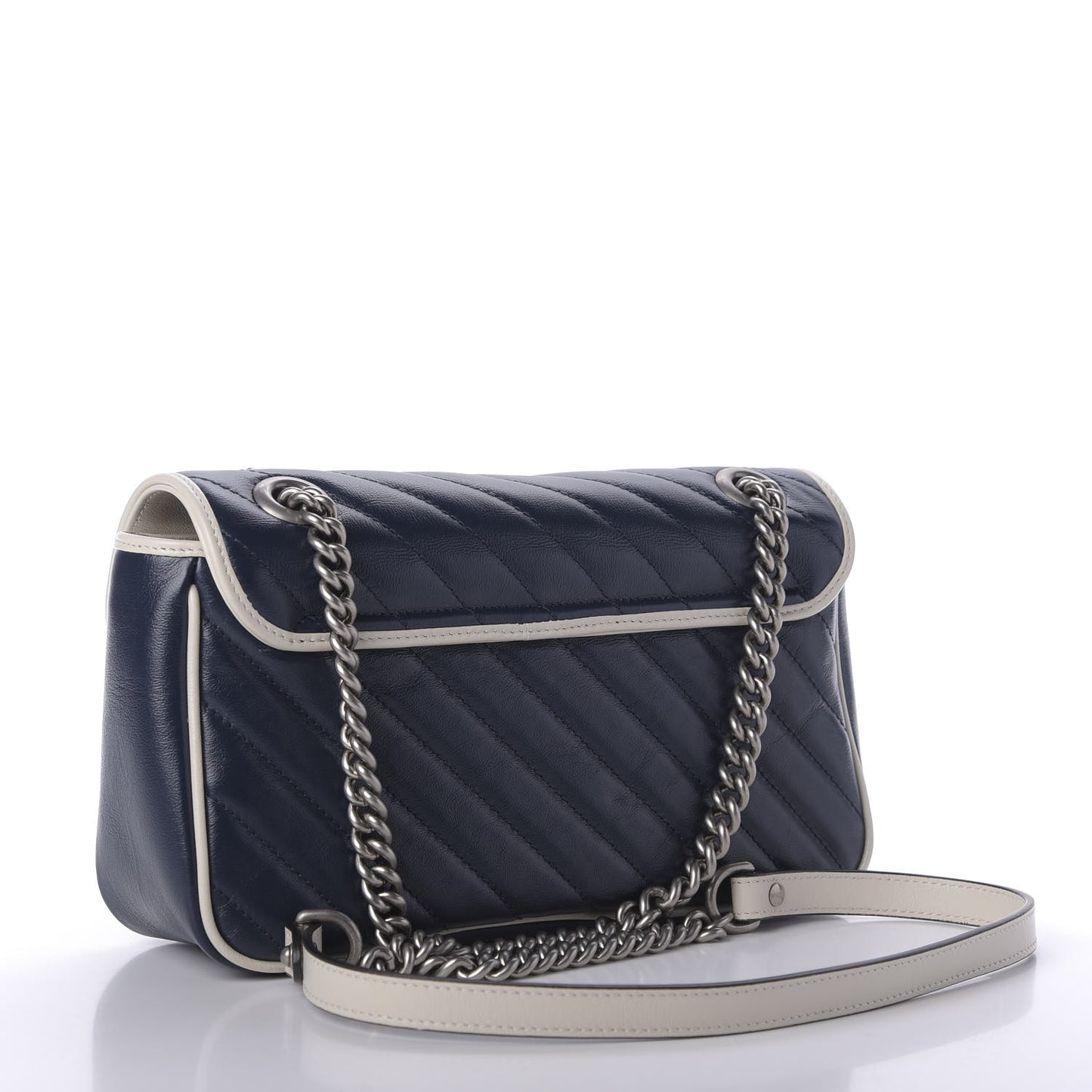 Vintage Effect Calfskin Matelasse Diagonal Small Torchon GG Marmont Shoulder Bag Blue Agata Mystic White