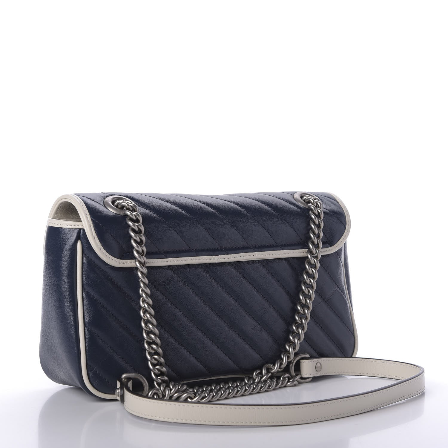 Gucci Vintage Effect Calfskin Matelasse Diagonal Small Torchon GG Marmont Shoulder Bag Blue Agata Mystic White 3 of 9