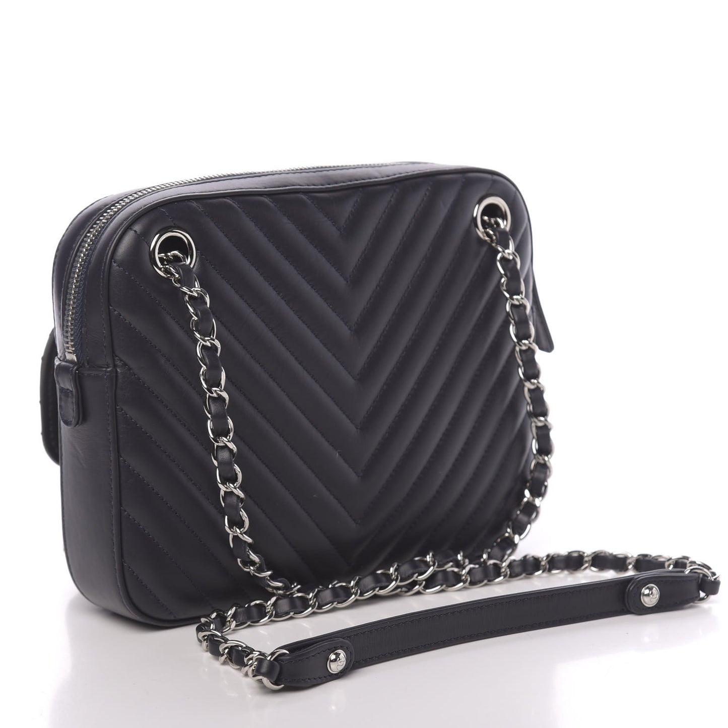 Calfskin Chevron Quilted Double Camera Bag With Flap Black
