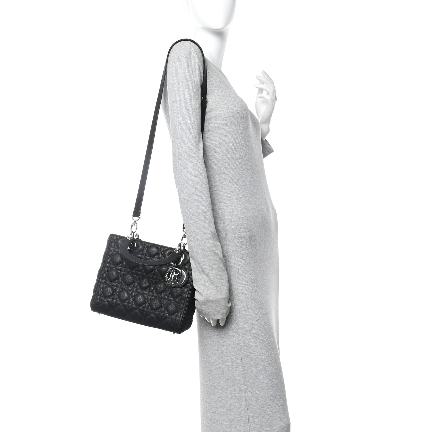Christian Dior Grained Calfskin Cannage Medium Lady Dior Black 2 of 10