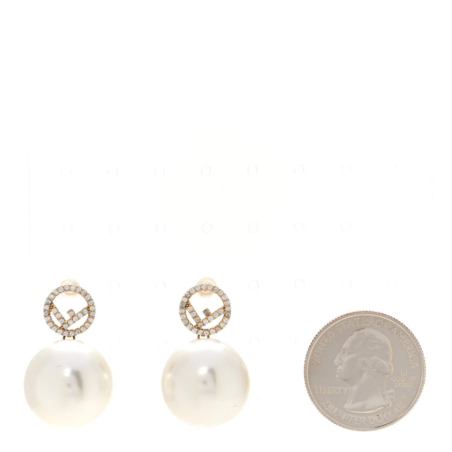 Fendi Metal Crystal Pearl Logo Drop Earrings Gold 2 of 7