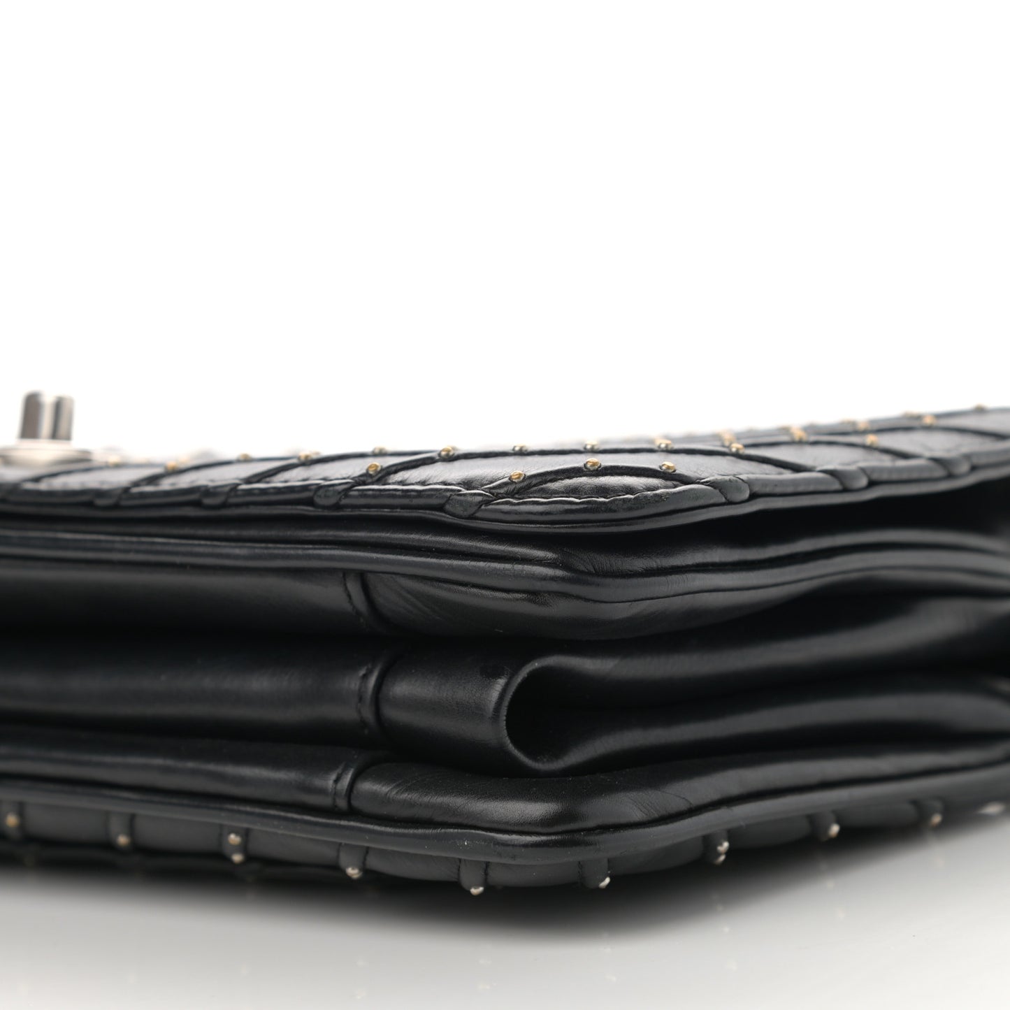 Calfskin Studded Chevron Quilted Flap Black