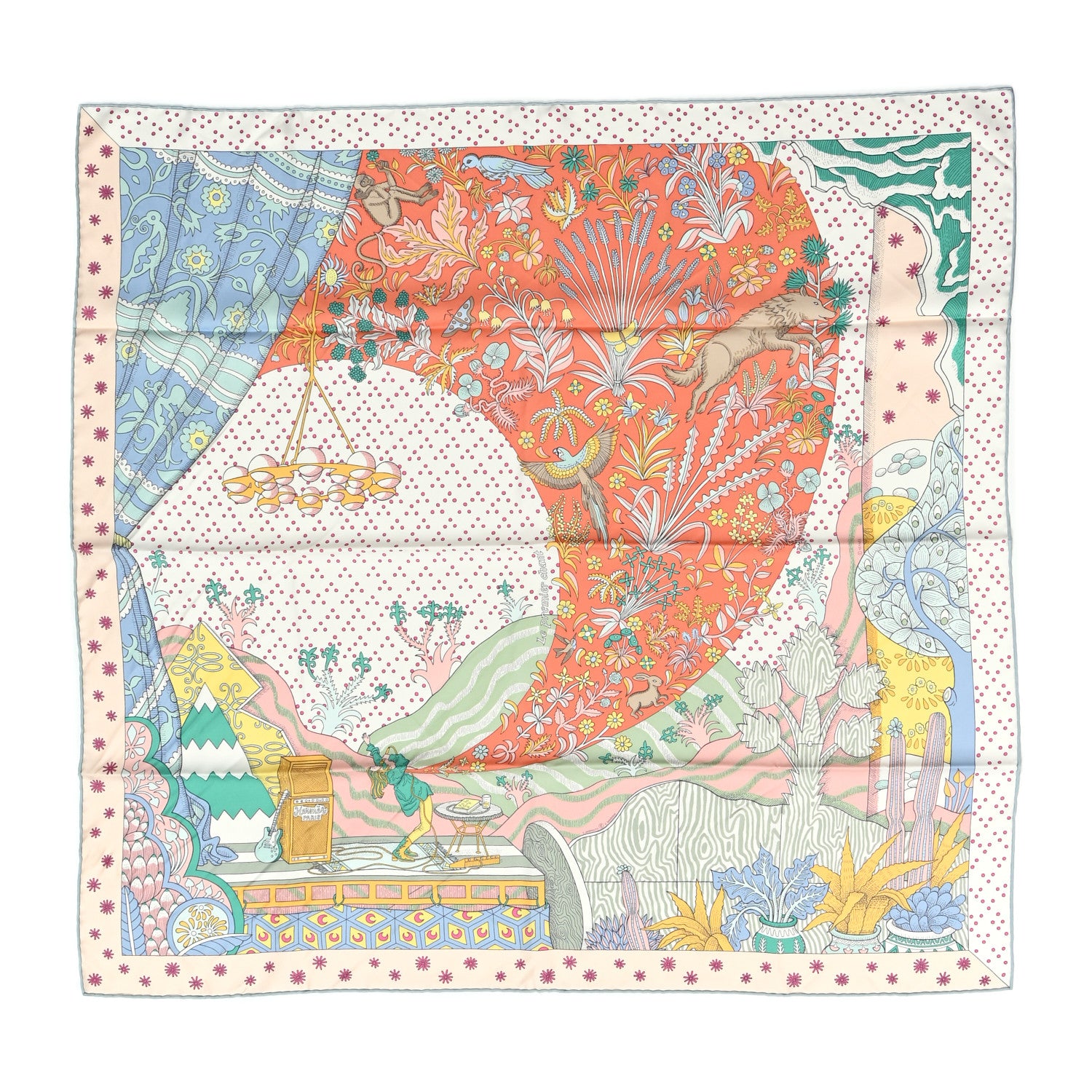 Hermes Silk Le Premier Chant Scarf 90 Abricot Ciel Vert 1 of 4