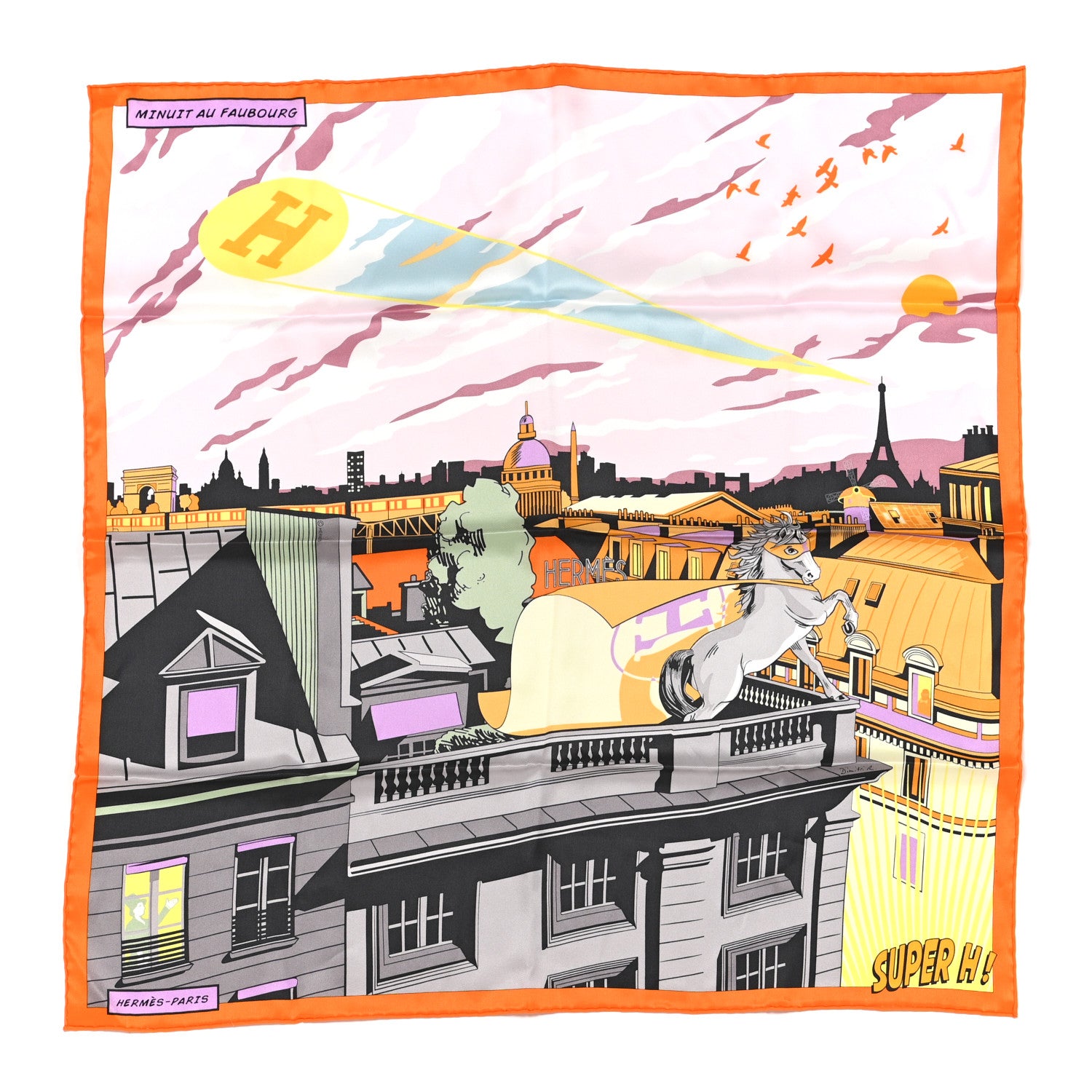 Hermes Silk Minuit Au Faubourg Scarf 70 Orange Gris Jaune 1 of 6