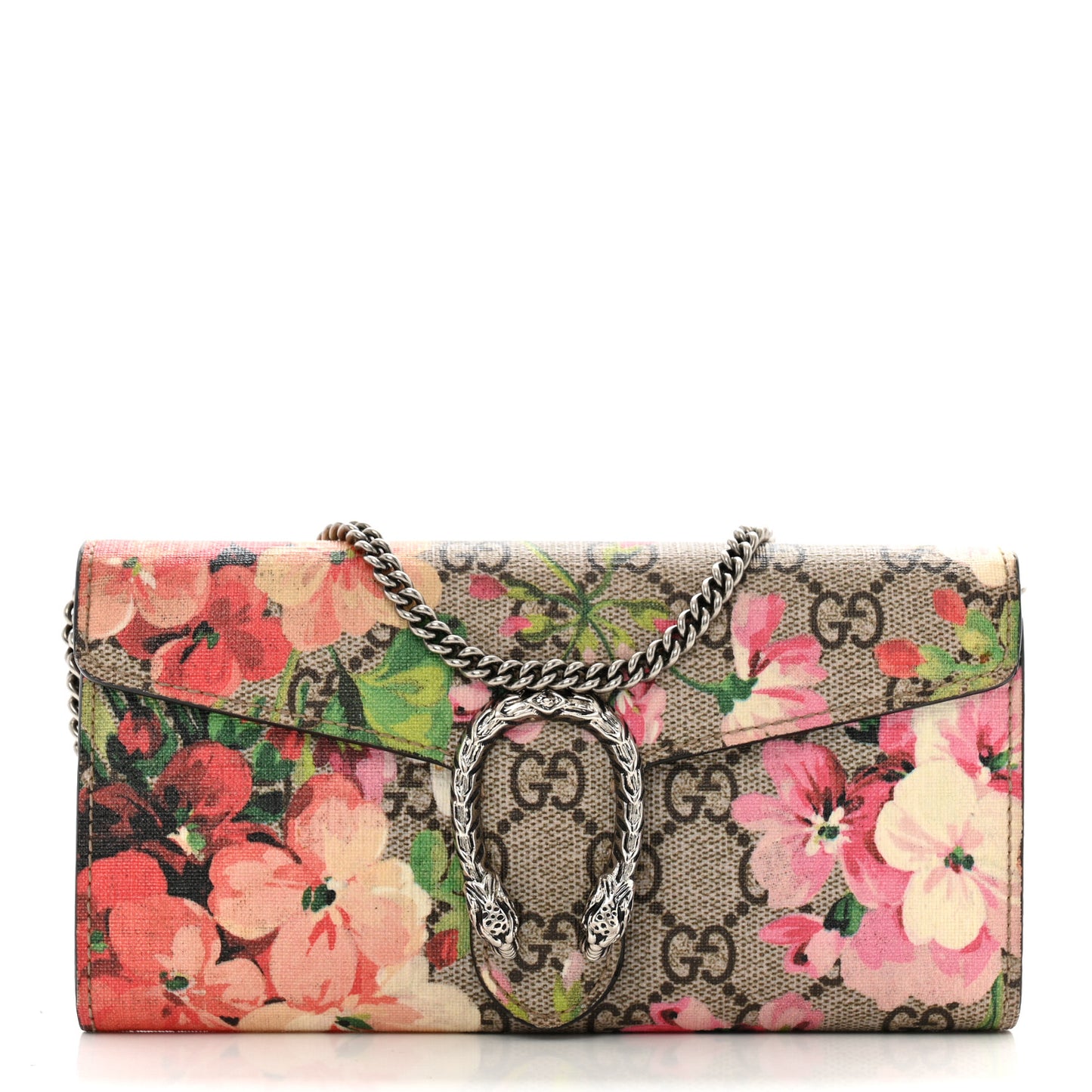 GG Supreme Monogram Blooms Dionysus Chain Clutch Wallet Beige Multicolor Dry Rose