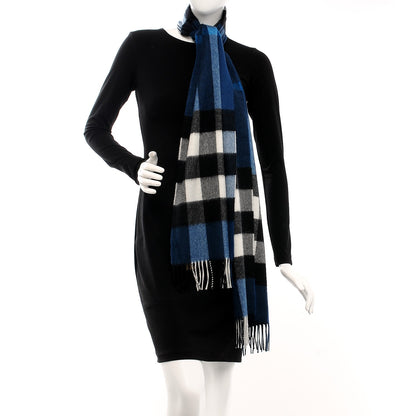 Burberry Cashmere Giant Check Fringe Scarf Blue 2 of 4