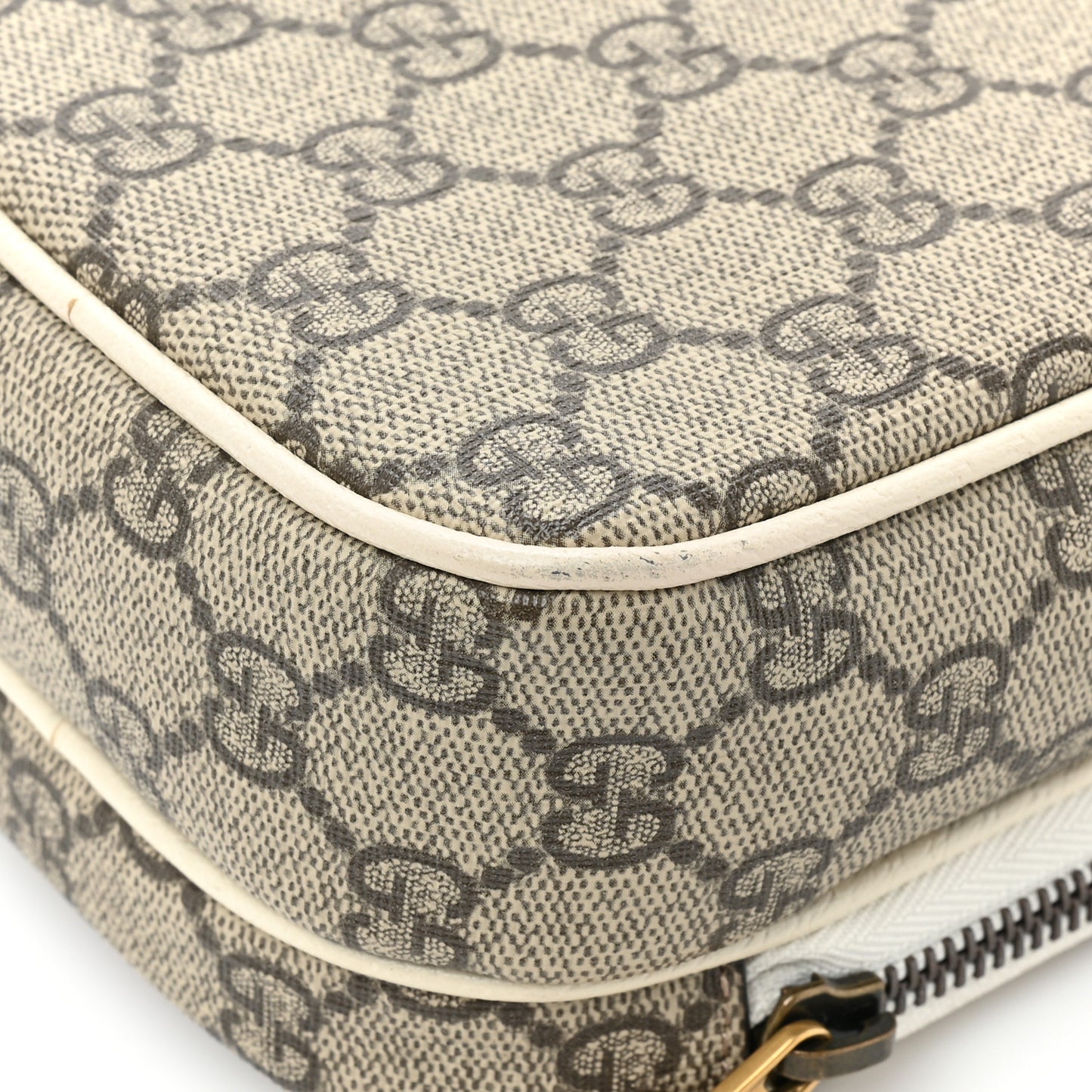 GG Supreme Monogram Web Mini Ophidia Double Zip Messenger Bag Beige Ebony Mystic White
