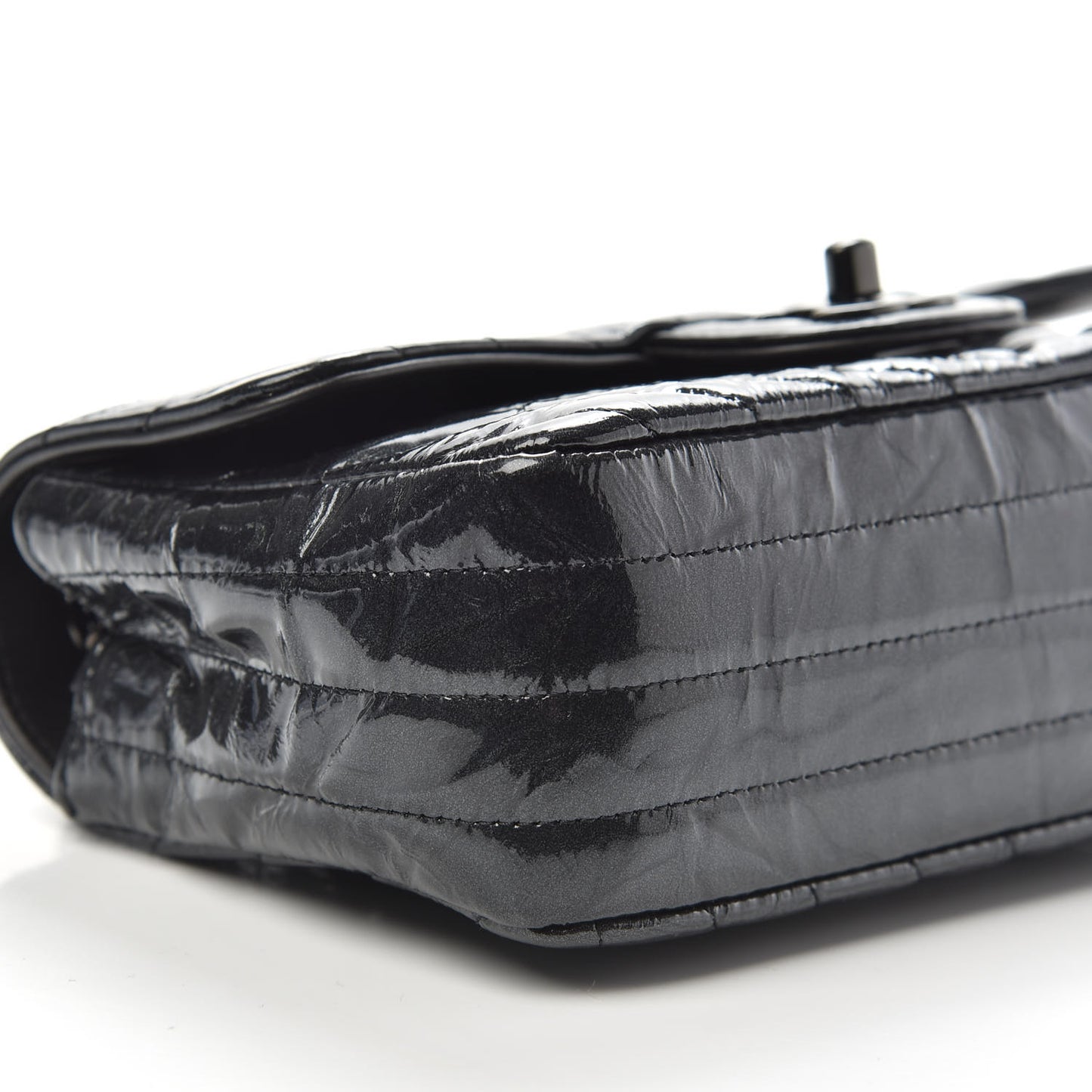 Patent Metallic Crumpled Calfskin Chevron Quilted Mini Rectangular Flap So Black