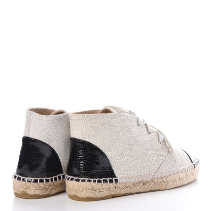 Chanel Crackled Calfskin Cap Toe Lace Up Espadrilles 35 Light Beige Black 4 of 8