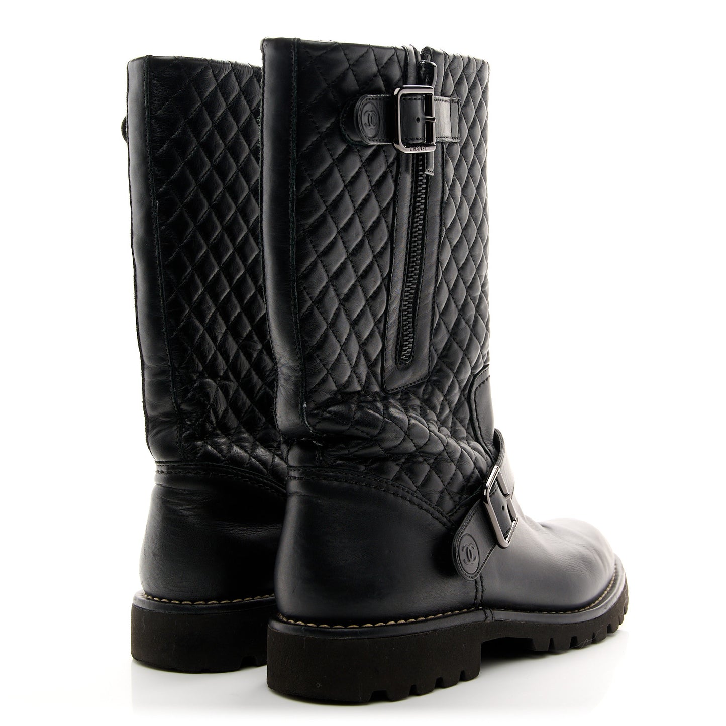 Calfskin Quilted Biker Boots 38.5 Black
