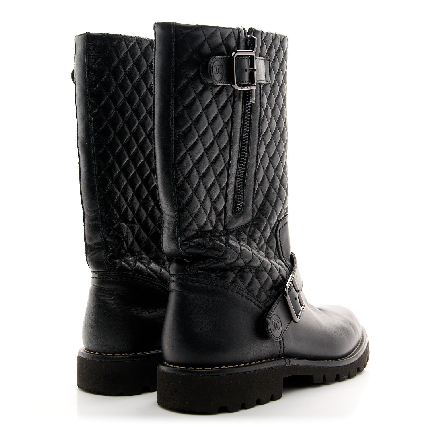 Chanel Calfskin Quilted Biker Boots 38.5 Black 5 of 8