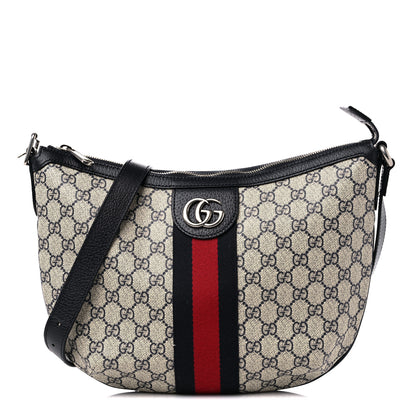 Gucci GG Supreme Monogram Textured Dollar Calfskin Web Small Ophidia Half Moon Hobo Beige Blue 1 of 11