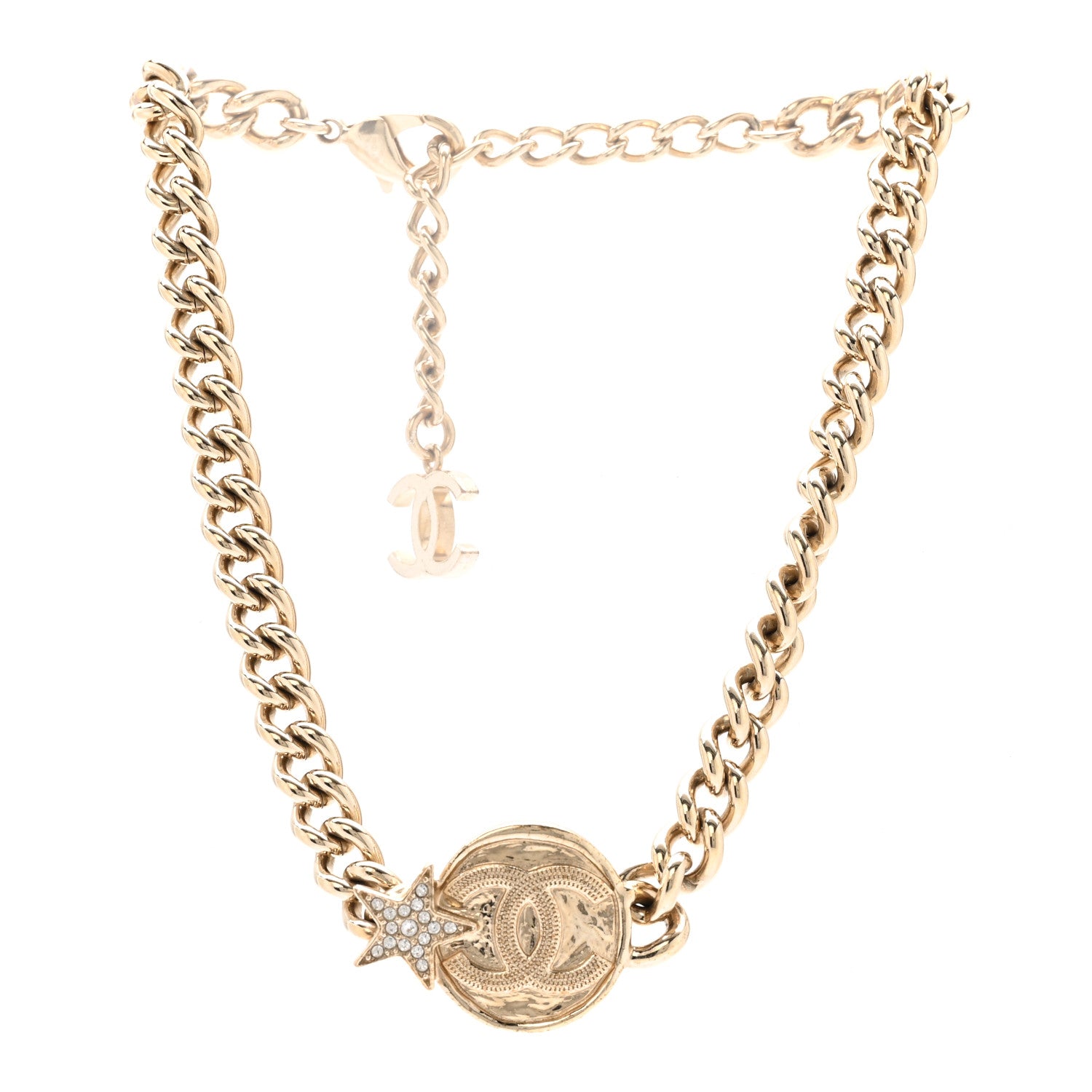Chanel Metal Crystal Textured CC Star Chain Choker Necklace Gold 3 of 6
