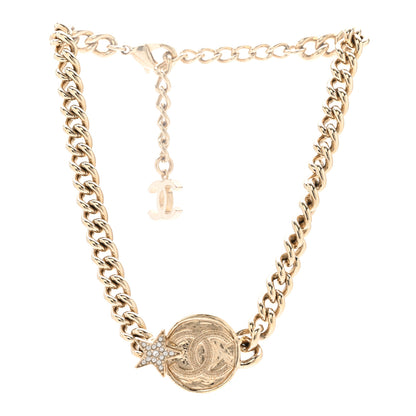 Chanel Metal Crystal Textured CC Star Chain Choker Necklace Gold 3 of 6