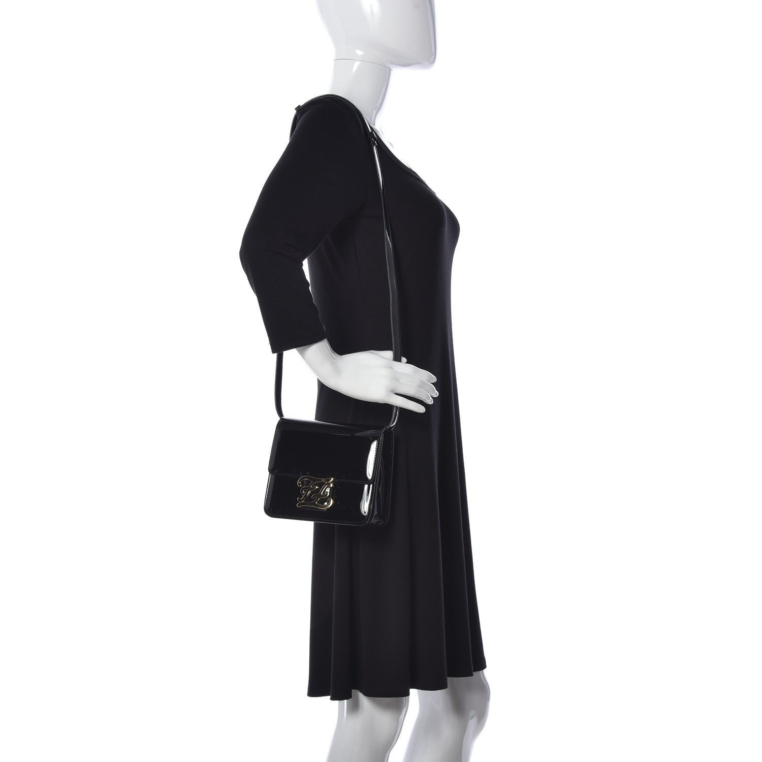 Fendi Vitello Vernice Mou Karligraphy Crossbody Bag Black 2 of 9