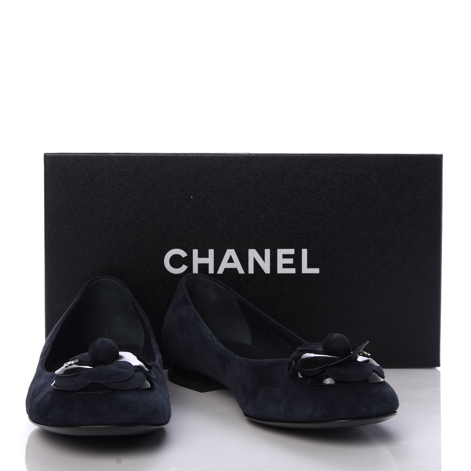 Chanel Suede Patent Camellia CC Ballerina Flat 37 Navy Black 10 of 10