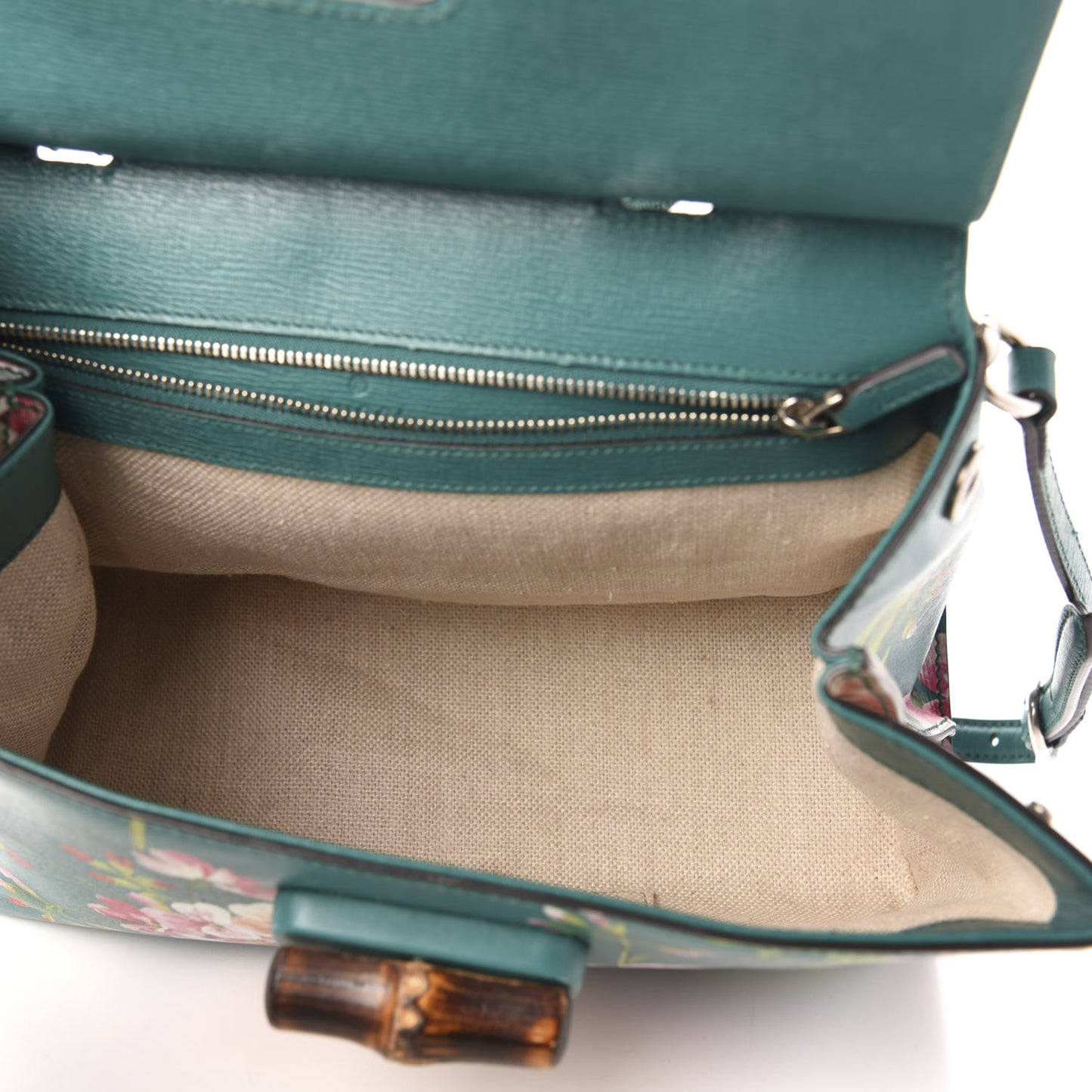 Shangai Calfskin Blooms Print Small Bamboo Daily Top Handle Bag Clear Bright Emerald Multicolor