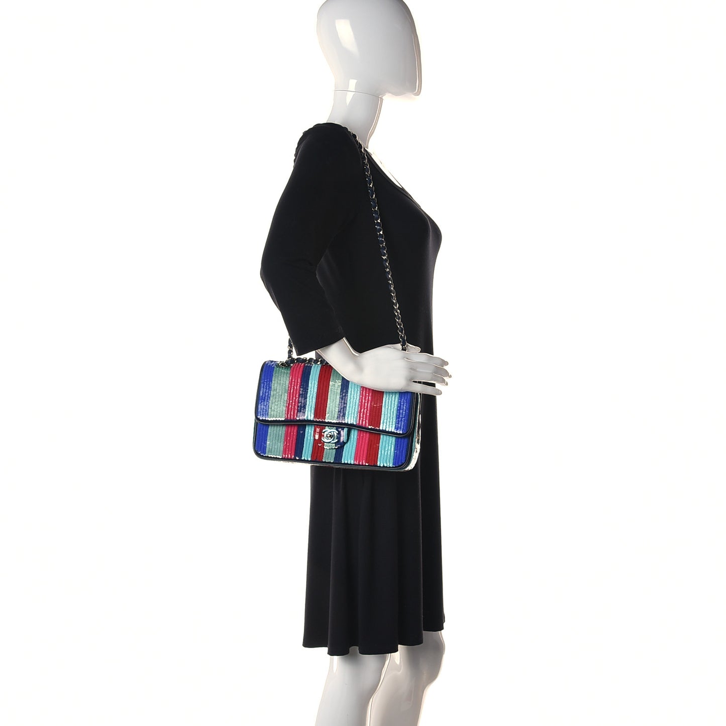 Sequin Lambskin Striped Medium Double Flap Blue Green Pink Red