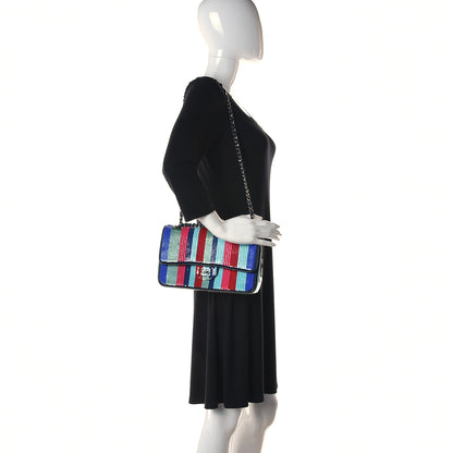 Chanel Sequin Lambskin Striped Medium Double Flap Blue Green Pink Red 2 of 12