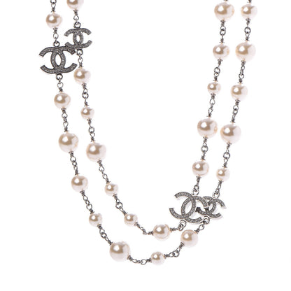 Chanel Crystal Pearl CC Long Necklace Silver 1 of 5