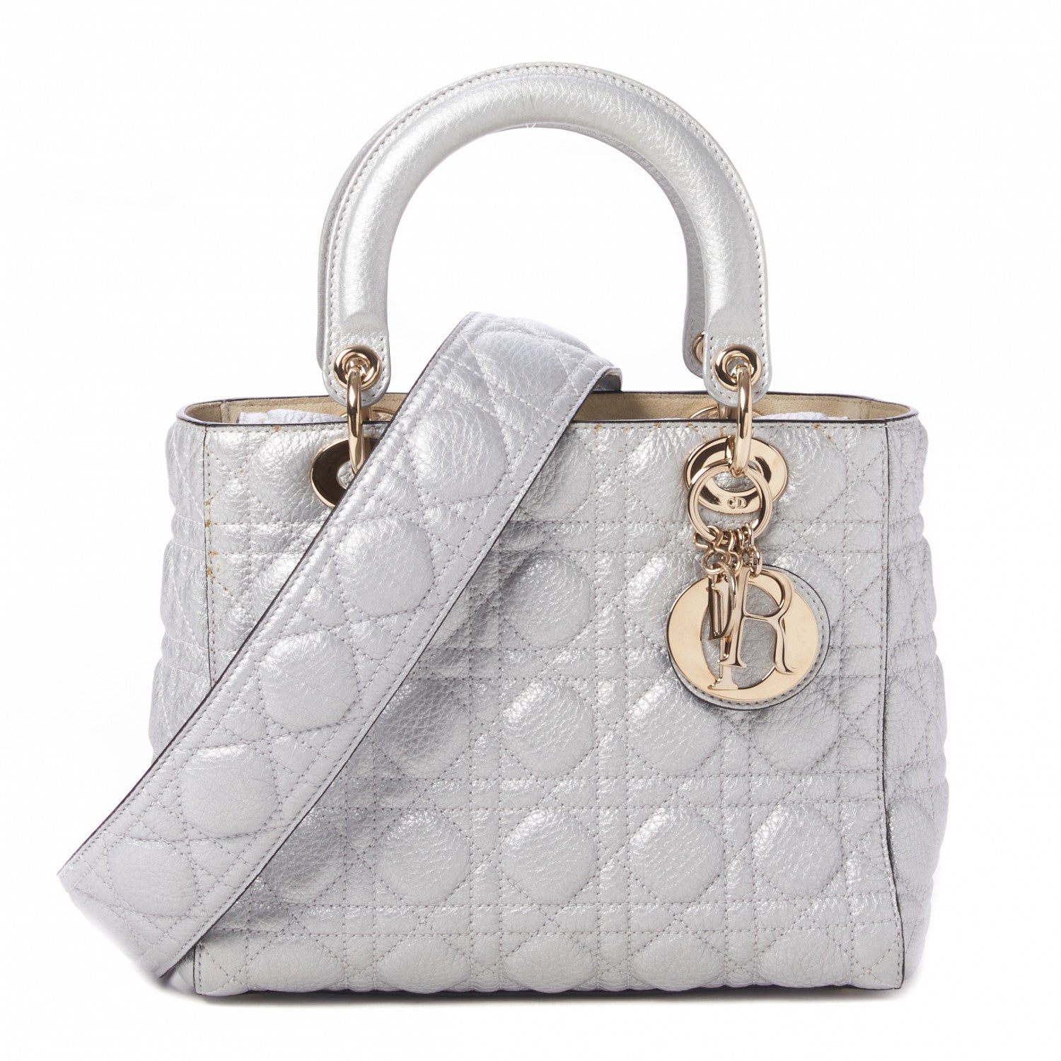 Christian Dior Metallic Grained Calfskin Cannage Medium Supple Lady Dior Silver 1 of 10