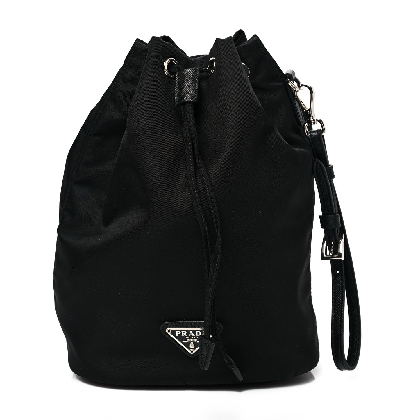 Saffiano Tessuto Nylon Vela Bucket Wristlet Black