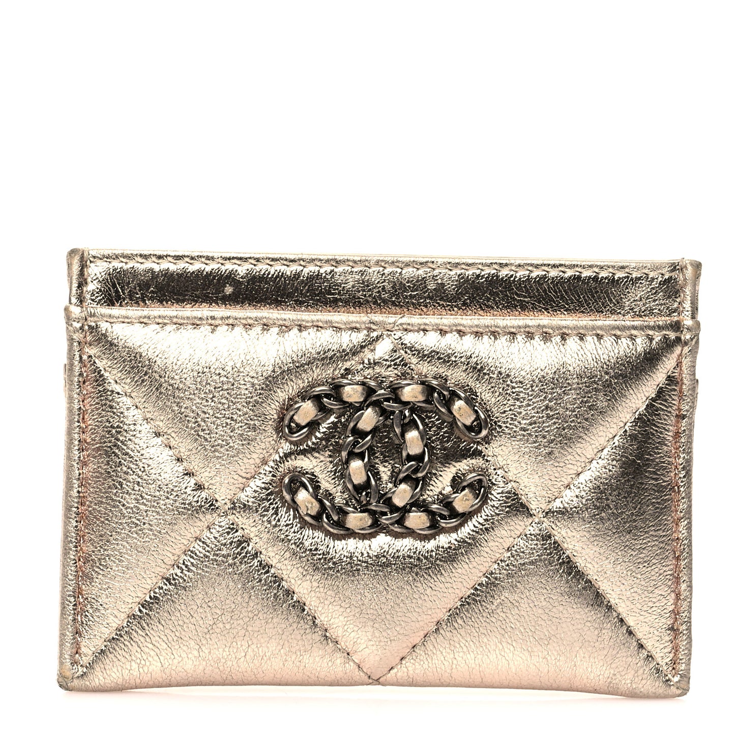 Metallic Lambskin Quilted Chanel 19 Card Holder Gold
