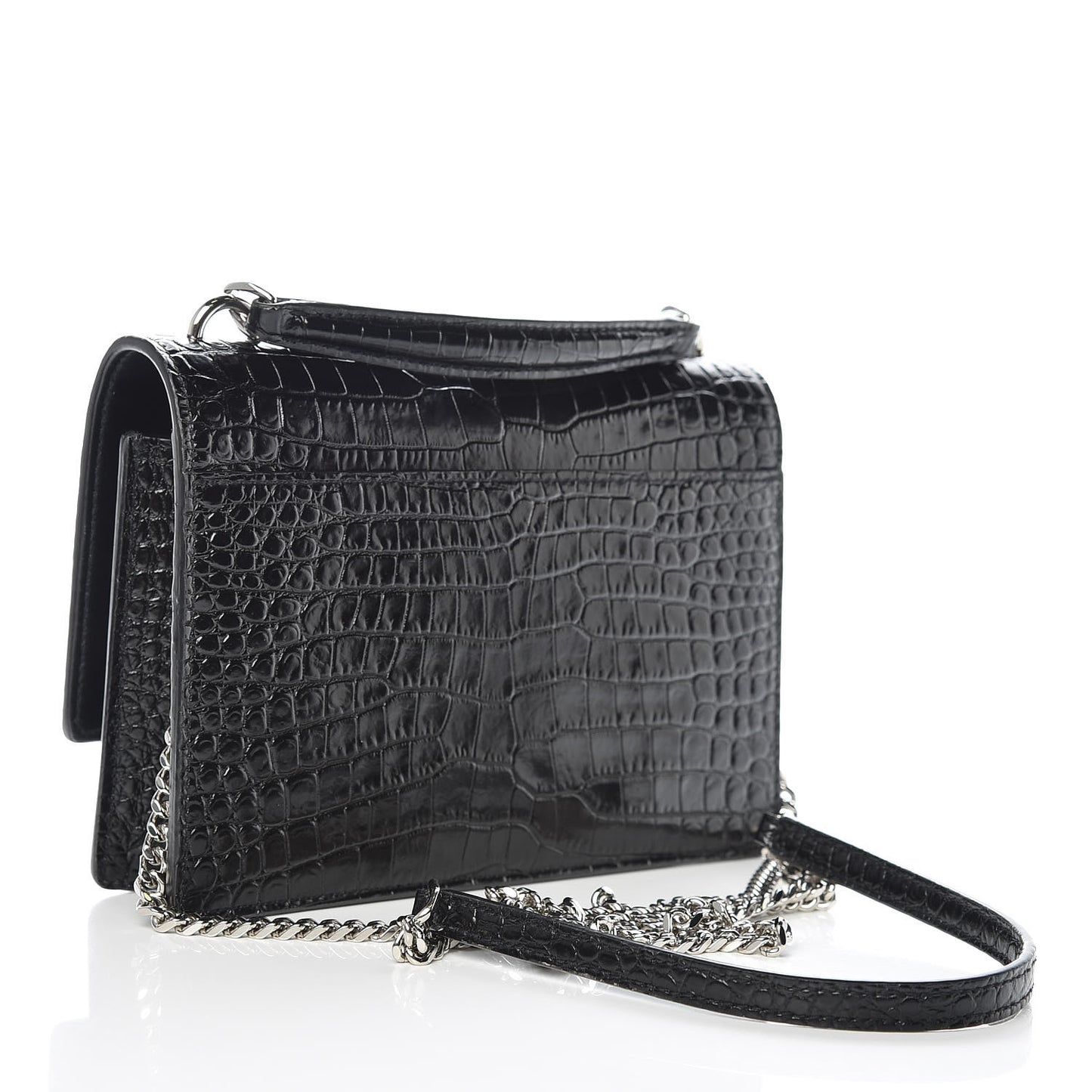 Calfskin Crocodile Embossed Monogram Sunset Chain Wallet Black