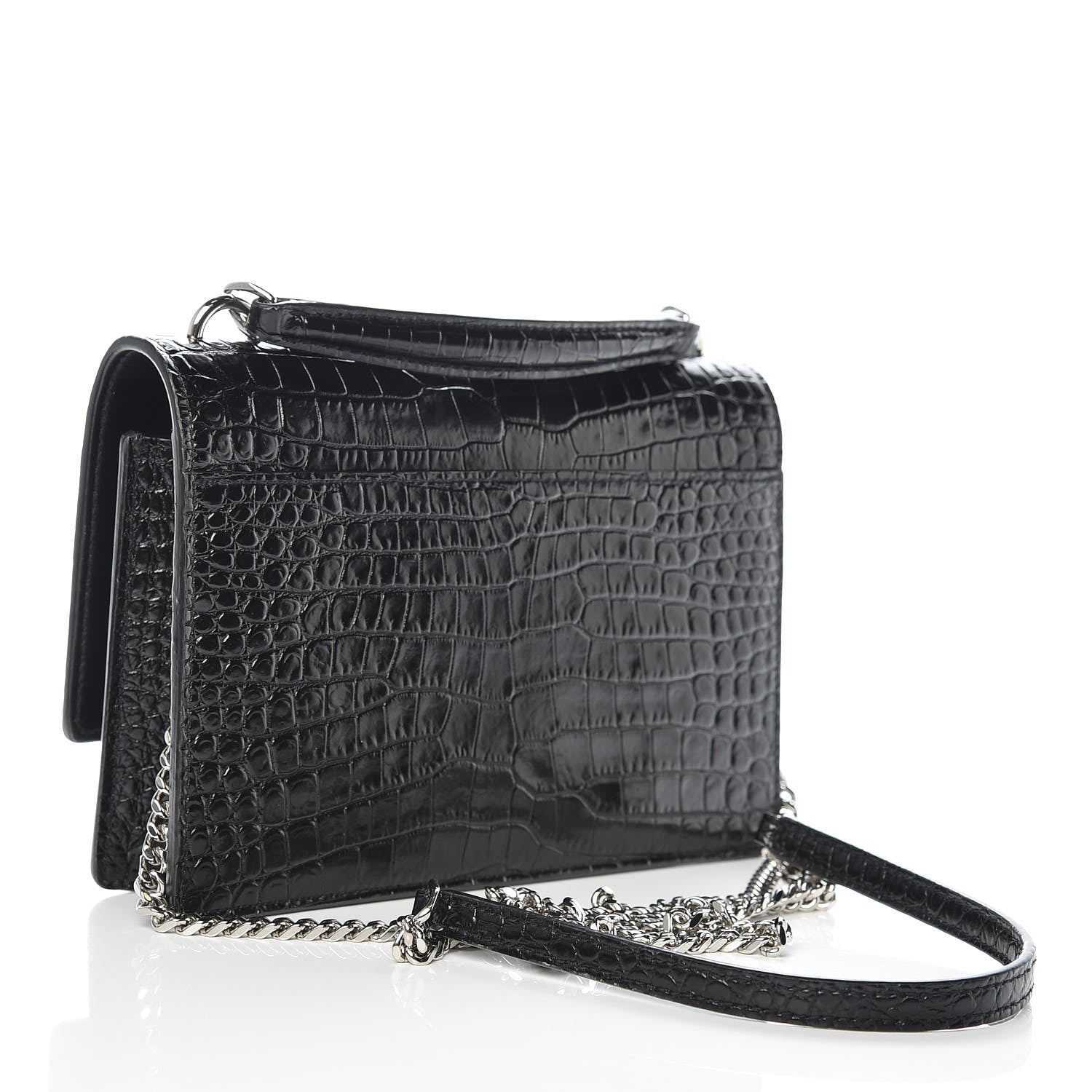 Saint Laurent Calfskin Crocodile Embossed Monogram Sunset Chain Wallet Black 4 of 12