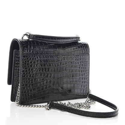 Saint Laurent Calfskin Crocodile Embossed Monogram Sunset Chain Wallet Black 4 of 12