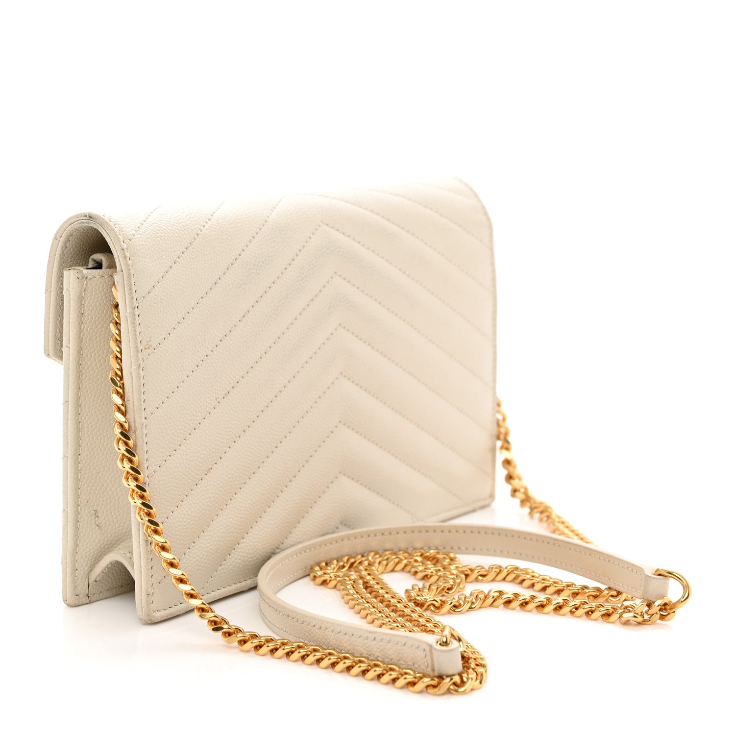 Saint Laurent Grain De Poudre Matelasse Chevron Monogram Envelope Chain Wallet Crema Soft 3 of 13
