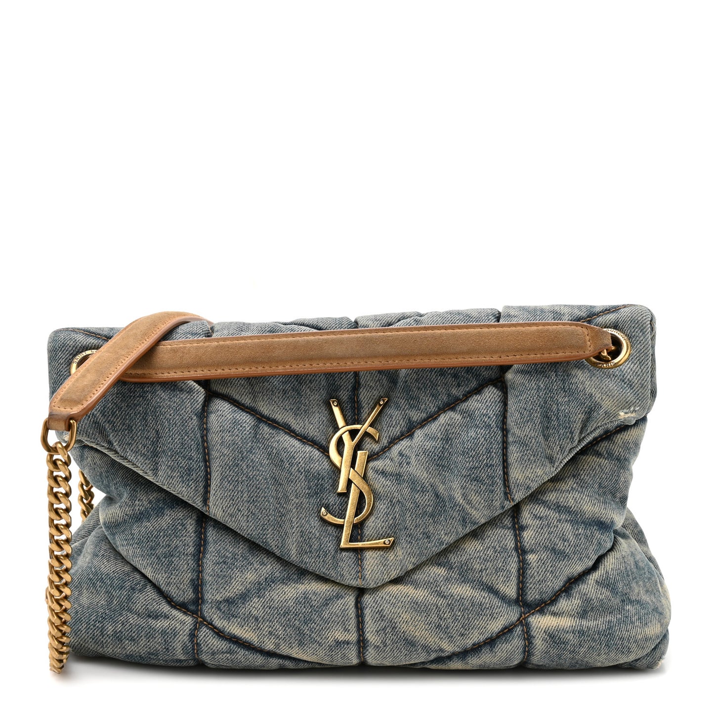Denim Quilted Small Loulou Puffer Monogram Chain Satchel Blue Cinnamon