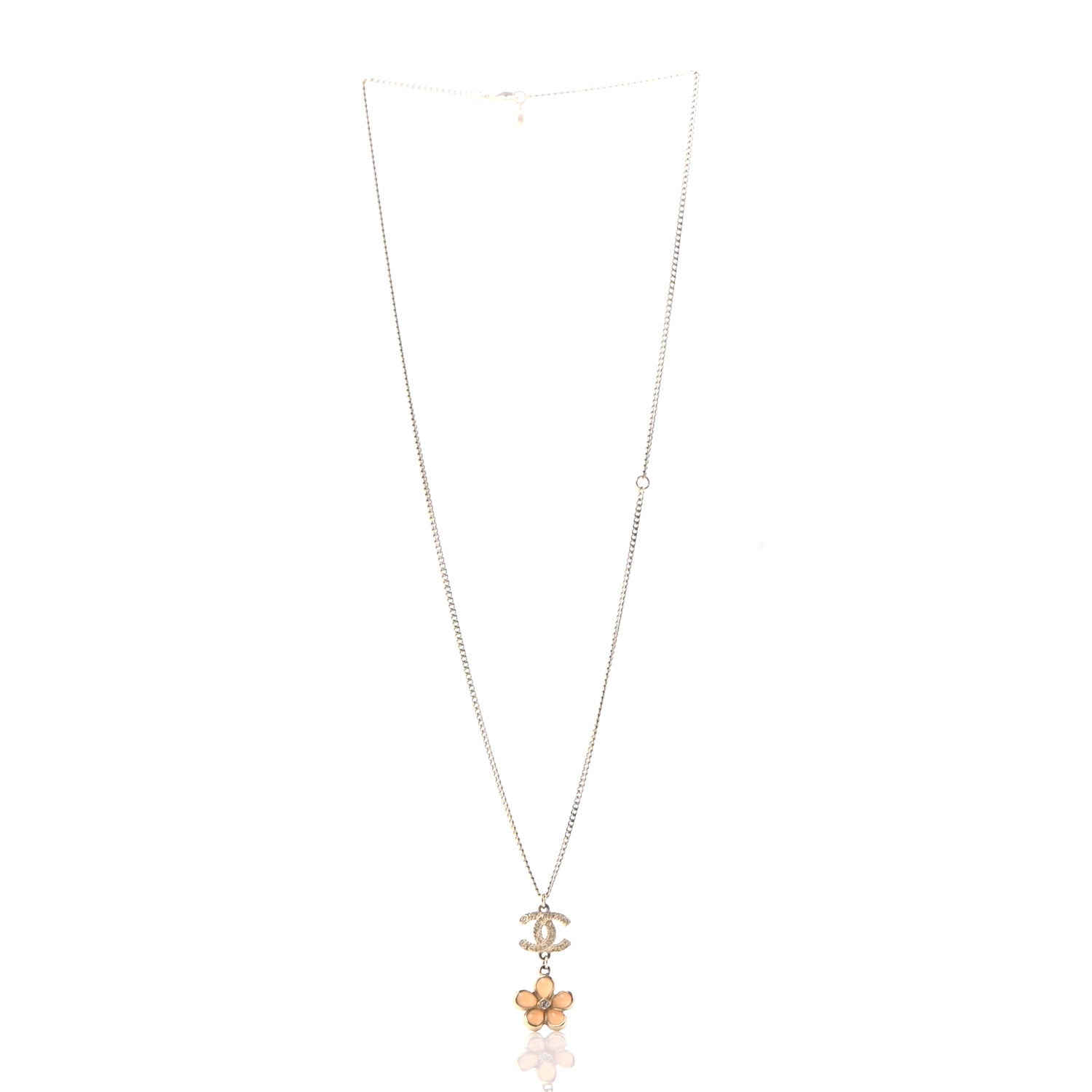 Chanel Enamel Crystal CC Camellia Pendant Necklace Beige Gold 3 of 5