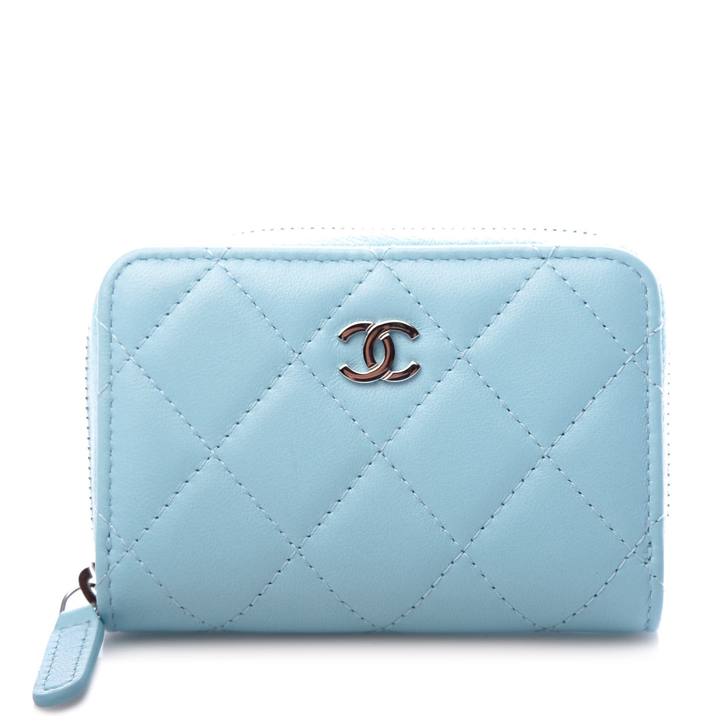 Lambskin Quilted Zip Around Coin Purse Wallet Neon Blue