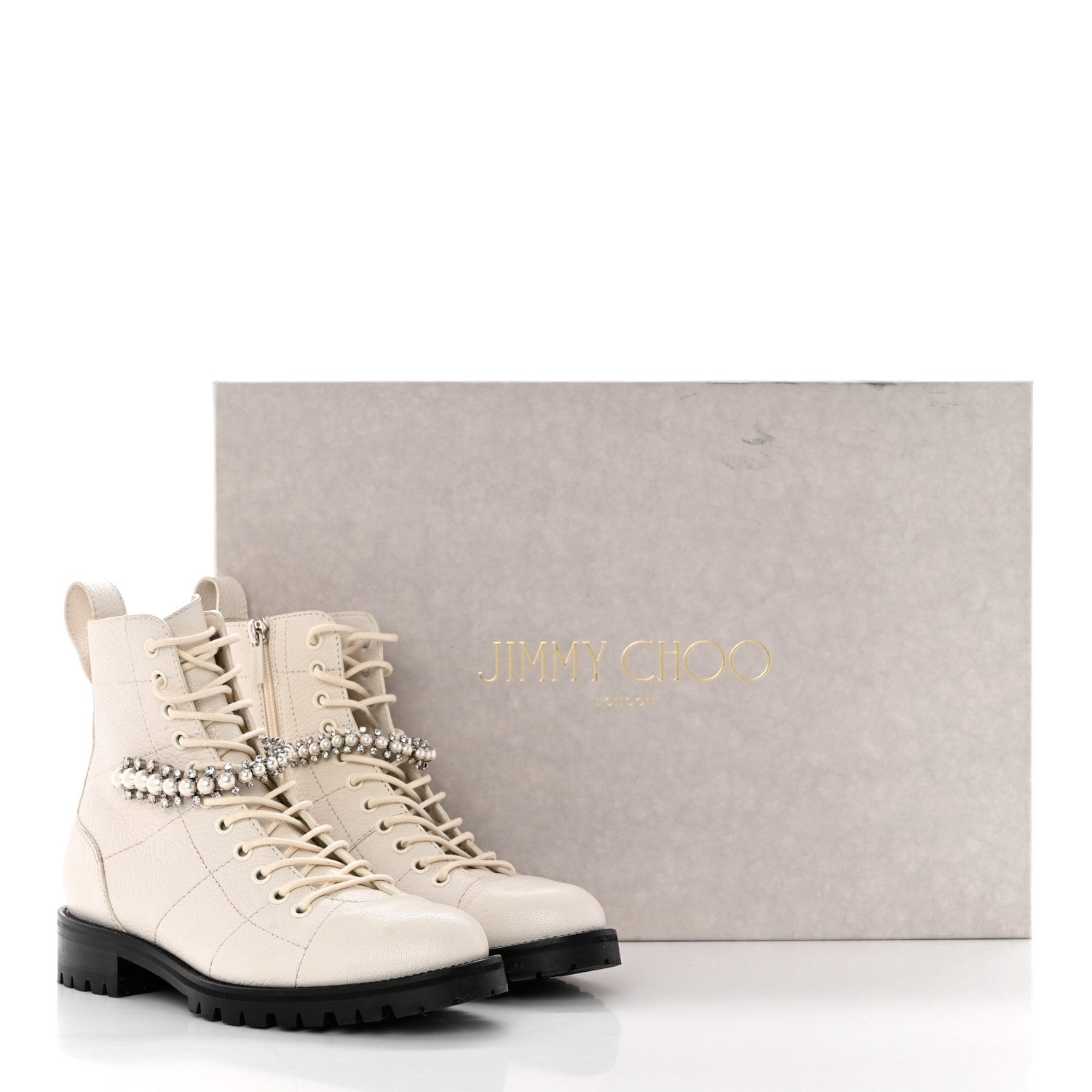 Jimmy Choo Goatskin Pearl Embellished Cruz Combat Boots 37 White 8 of 8