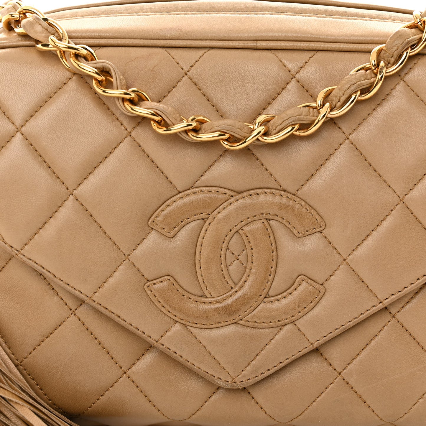 Lambskin Quilted Tassel Flap Camera Case Beige