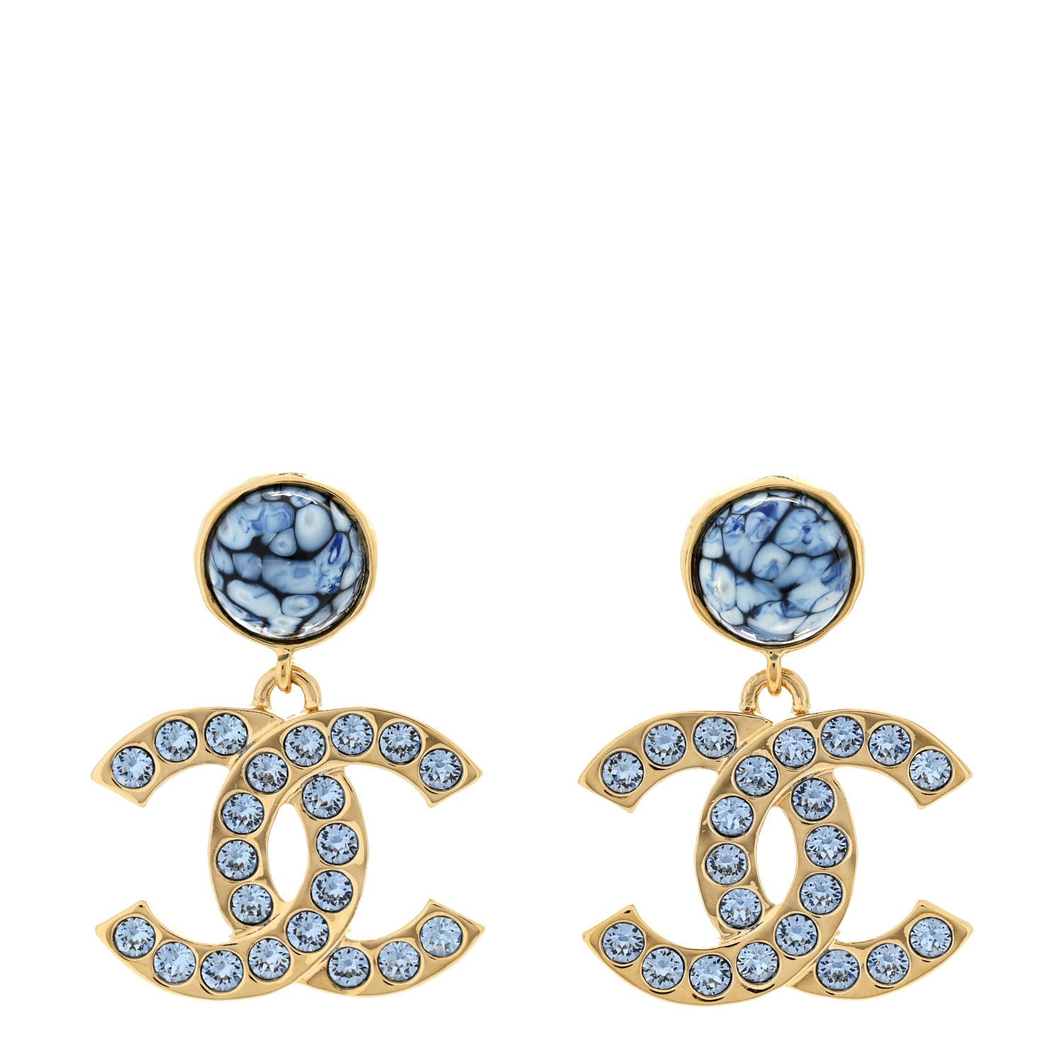 Chanel Crystal Stone CC Drop Earrings Blue Gold 1 of 5