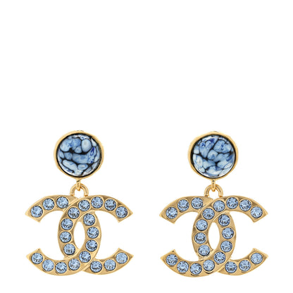 Chanel Crystal Stone CC Drop Earrings Blue Gold 1 of 5