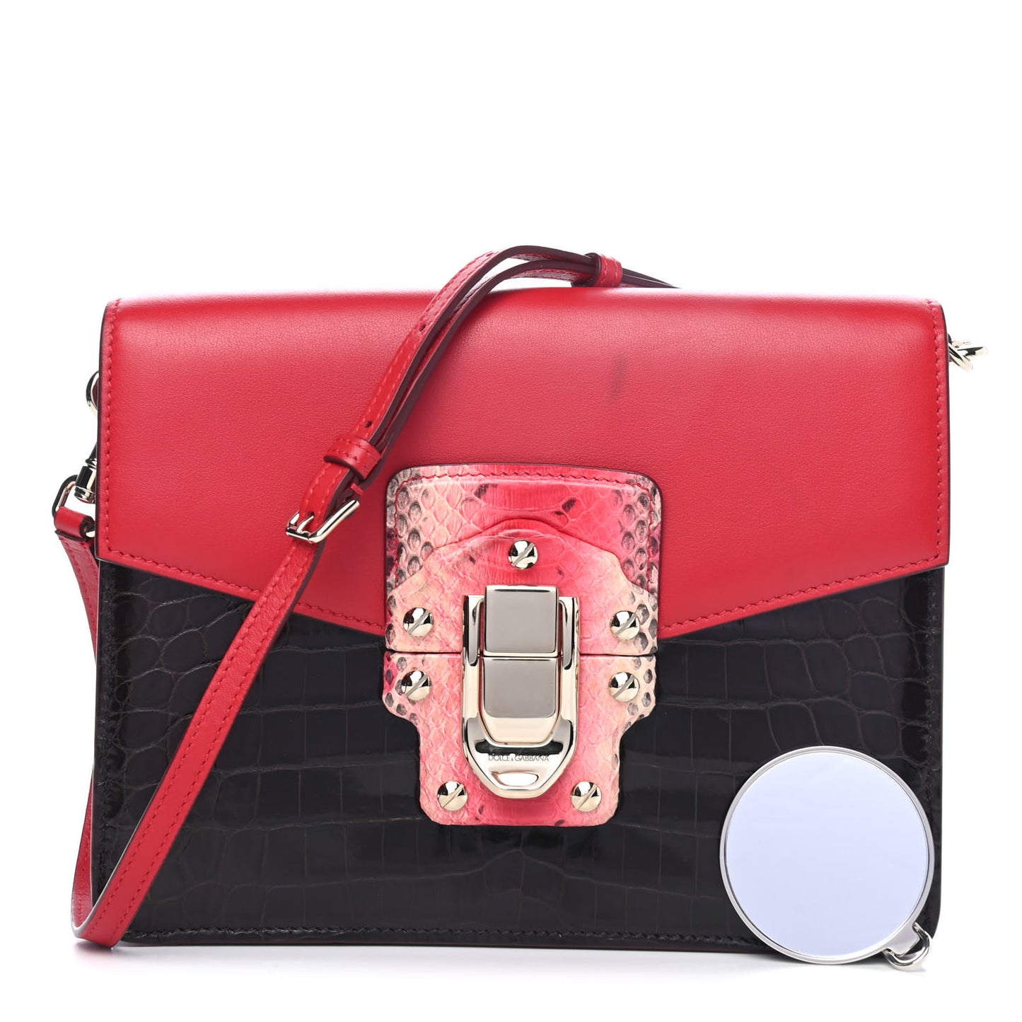 Calfskin Snakeskin Crocodile Embossed Lucia Shoulder Bag Red Black Multicolor